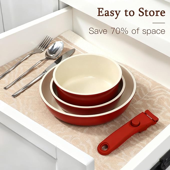 GiPP 5PCS Pots and Pans Set Non Stick, Nonstick Cookware Set Detachable Handle,Ceramic Pots for Cooking Non Stick with Removable Handle, RV Cookware Set, Red Black Gradien