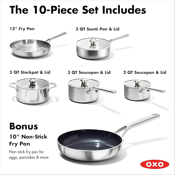 OXO Mira Tri-ply Stainless Steel, 10 Piece Cookware Pots and Pans Set, Skillets, Saute, Saucepans, Lids,Incl Ceramic Nonstick Frying Pan,Induction,Multi Clad,Metal Utensil Safe,Dishwasher & Oven Safe