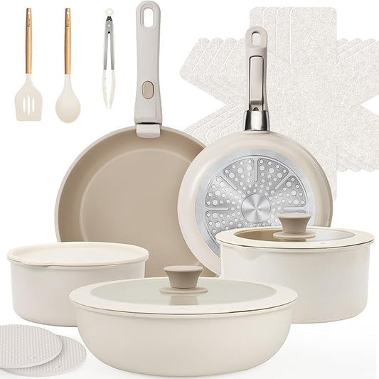 KIKCOIN Ceramic Cookware Set, 20 Pack Nonstick Pots and Pans Set with Detachable Handles, Healthy Frying Pans, Induction Dishwasher Oven Safe Kitchen Set, PFAS PFOA & PTFE Free