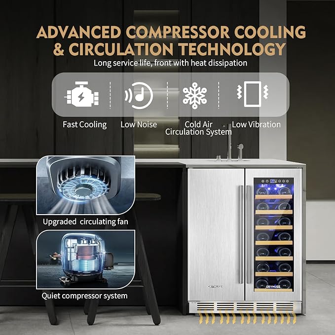 Wine and Beverage Refrigerator, 24 Inch Stainless Steels Beverage Fridge Dual Zone, Wine Beverage Cooler Built-in or Freestanding with Upgraded Cooling, 20 Bottles and 88 Cans Large Capacity