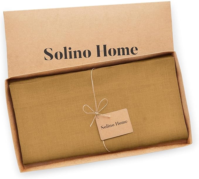 Solino Home Linen Tablecloth 52 x 52 Inch - 100% Pure Linen Caramel Square Tablecloth - Fete, Machine Washable Table Throw