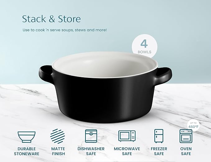 Kook Soup Crocks, Ceramic Stackable Bowls, Broil, Oven, Microwave and Dishwasher Safe, with Handles, For Casserole, Pasta, Cereal, Capacity 18 oz, Set of 4, (Matte Black)