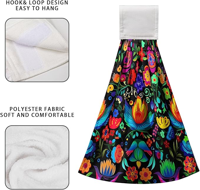 Mexican Day of The Dead Kitchen Towels with Hanging Loop Halloween Floral Hanging Hand Towel Holiday Dish Tie Towels Soft Absorbent Bathroom Kitchen Decoration