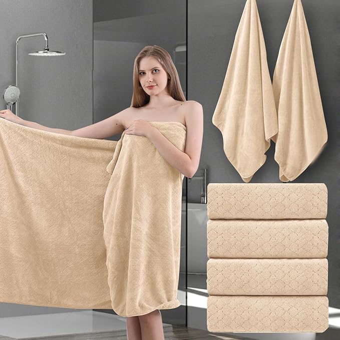4 Piece Extra Large Bath Towels 35x70 Inches - Luxury 600 GSM Oversized Bath Sheet Towel,Ultra Soft Microfiber - Quick Dry,Highly Absorbent Shower Towels Spa Hotel Bathroom Towel Set (Light Yellow)