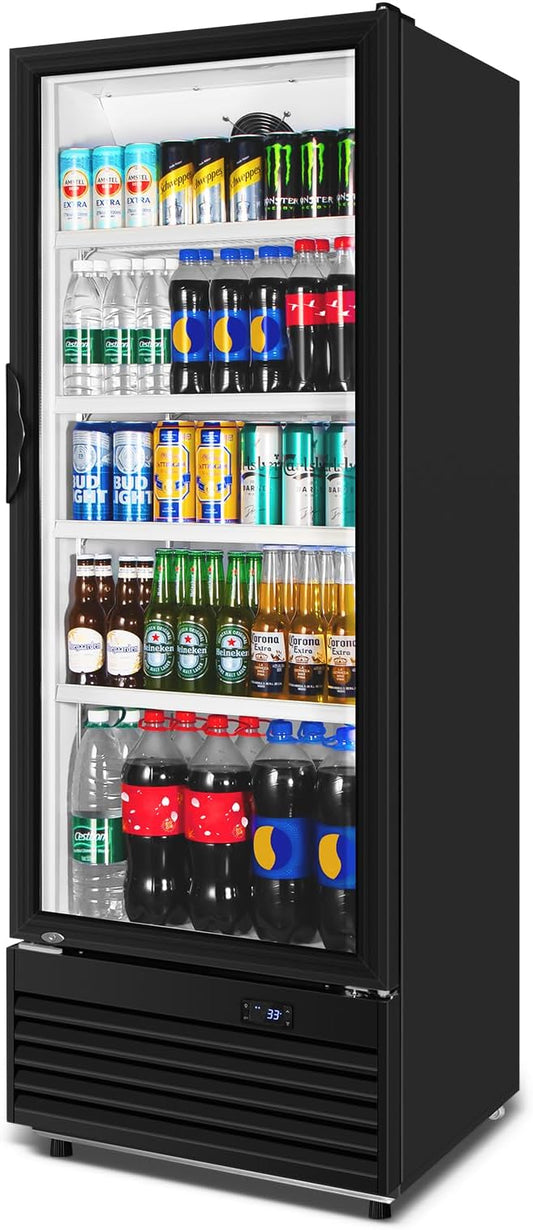 Commercial Beverage Refrigerator, 24.5 Inch 15 Cu. Ft. Drink Fridge, Display Refrigerator with Glass Door, Commercial Display Fridge with 4 Adjustable Shelves, for Shops, Restaurants, Bars