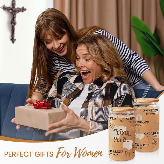 Christian Gifts for Women - Inspirational 16 Oz Can Glass Coffee Cup with Bamboo Lid & Straw- Religious, Motivational Catholic Gifts for Womens Ladies on Birthday