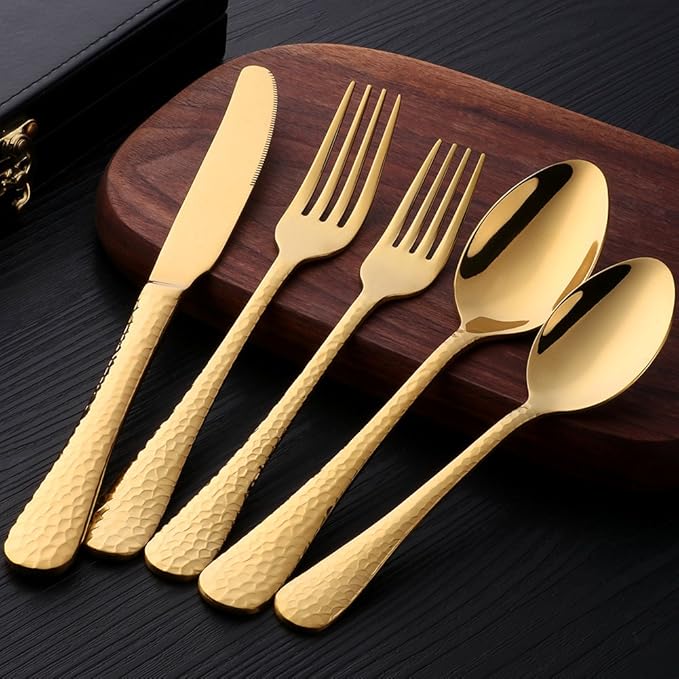 5-Piece Gold Silverware Flatware Set Service for 1 Stainless Steel Cutlery Set Include Dinner Knife Table Fork Table Spoon Salad Fork Tea Spoon for Wedding, Dishwasher Safe