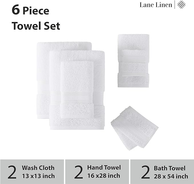 LANE LINEN Towel Set of 6 – 100% Mercerized Cotton, Zero Twist, 2 Large Bath Towel, 2 Hand Towels & 2 Wash Cloths, Quick Dry & Long-Lasting, Perfect for Family Bathrooms, Easy Care – White Towels