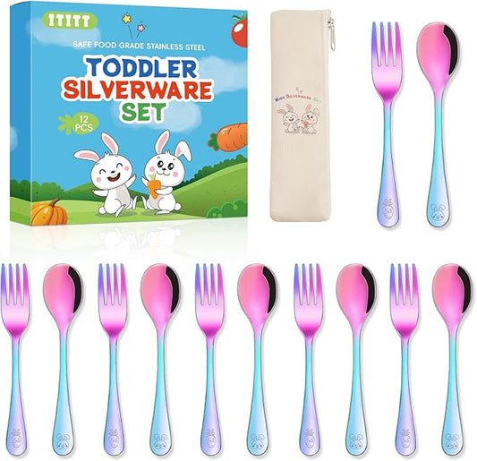 12 Pieces Stainless Steel Rainbow Toddler Utensils Set - Food Grade Kids Silverware Set Children Safe Small Forks and Spoons Mirror Polished Sturdy and Durable Dishwasher Safe
