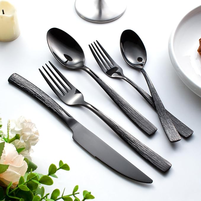 40-Piece Black Silverware Set for 8, CITESANA Heavy Duty Stainless Steel Flatware Set with Ripple Handles, Mirror Polished Kitchen Cutlery Set