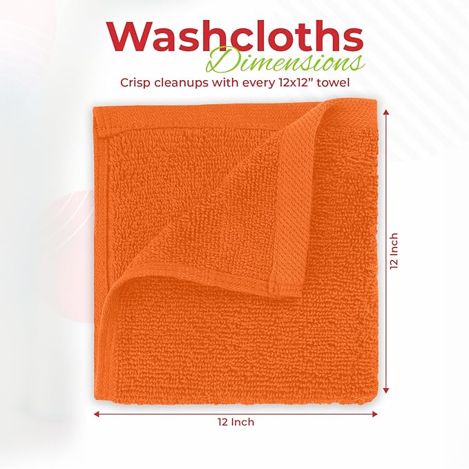 RIVERSIDE 12 Pack Washcloths - 12x12 Inches, 400 GSM, 100% Ring-Spun Cotton - Soft, Absorbent & Durable Face and Body Towels - for Bathroom, Spa, Gym, Makeup Removal & Everyday Use - Orange