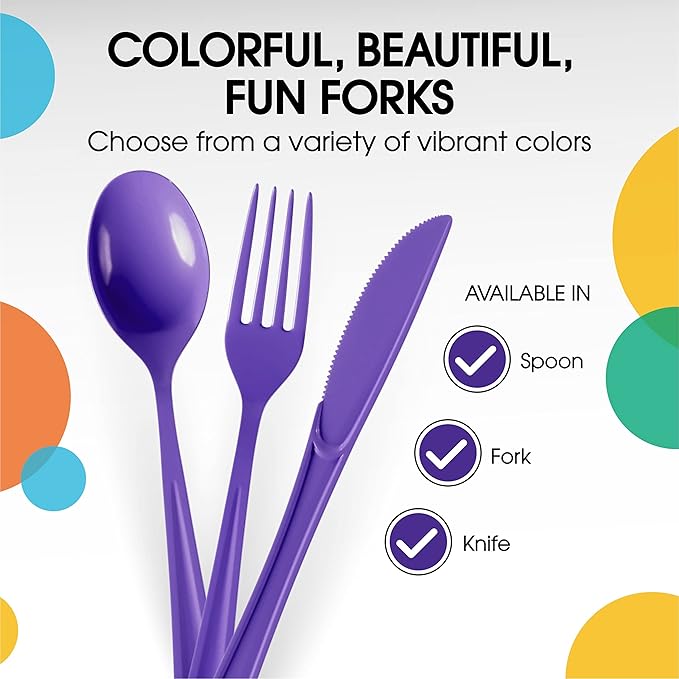 Party Solids Purple Plastic Forks 200 Pieces Purple Forks Disposable Utensils Heavy Duty Plastic Cutlery Set Disposable Cutlery Sets Flatware Sets Silverware Set Party Supplies & Party Tableware