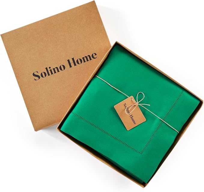 Solino Home Linen Tablecloth 60 x 90 Inch - Classic Hemstitch 100% Pure Linen Emerald Green Table Cloth for Rectangle Tables - Machine Washable Tablecloth for New Year