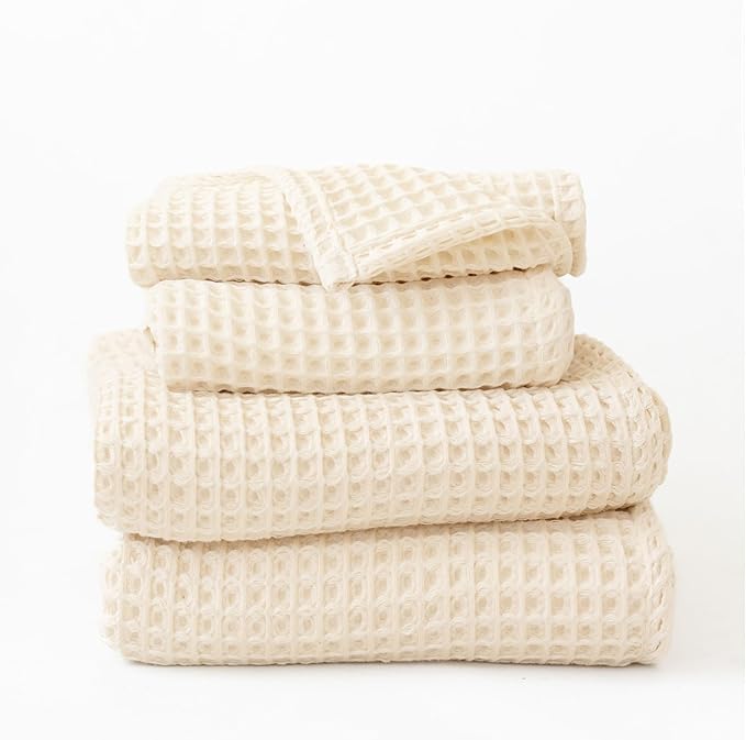 4-Piece Waffle Towels Set for Bathroom - Soft 100% Turkish Cotton Quick-Dry Lint-Free Waffle Weave Thin Bath and Hand Towels (Natural, 2 Bath & 2 Hand Towel Set)