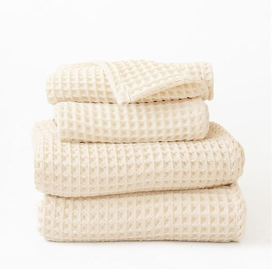 4-Piece Waffle Towels Set for Bathroom - Soft 100% Turkish Cotton Quick-Dry Lint-Free Waffle Weave Thin Bath and Hand Towels (Natural, 2 Bath & 2 Hand Towel Set)