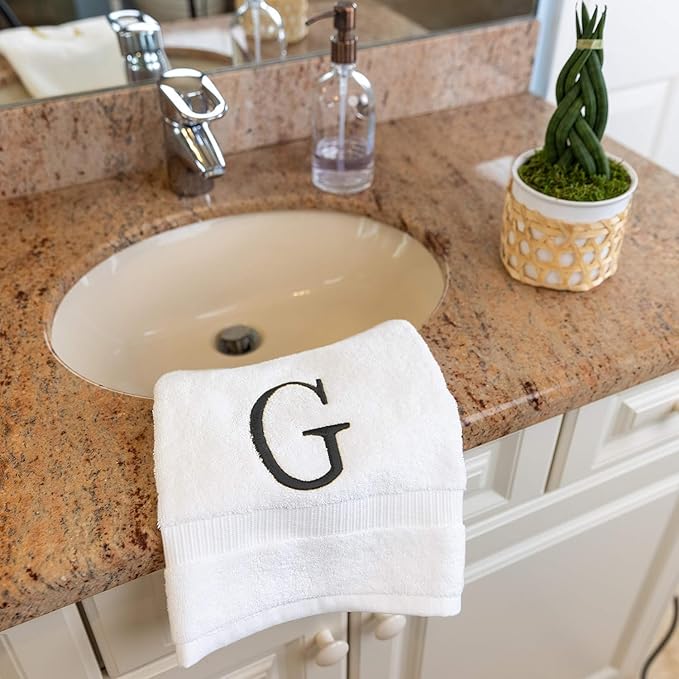 Dark Gray Powder Room Hand Towel - Monogram Initial Hotel Quality Decorative Embroidered Luxury Towel for Spa - GOTS Organic Certified - Set of 2 Letter G