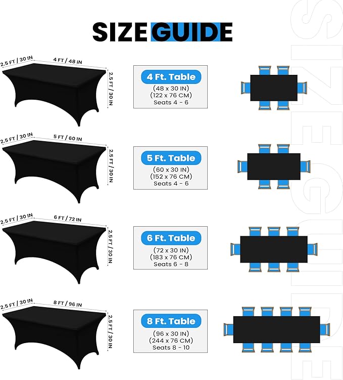 Utopia Kitchen 6FT Spandex Tablecloth [10 Pack, Black] 200 GSM Stretch, Fitted, Washable and Wrinkle Resistant Table Cloth Rectangle Cover for Trade Shows, Wedding, Parties [72Lx30Wx30H Inch]