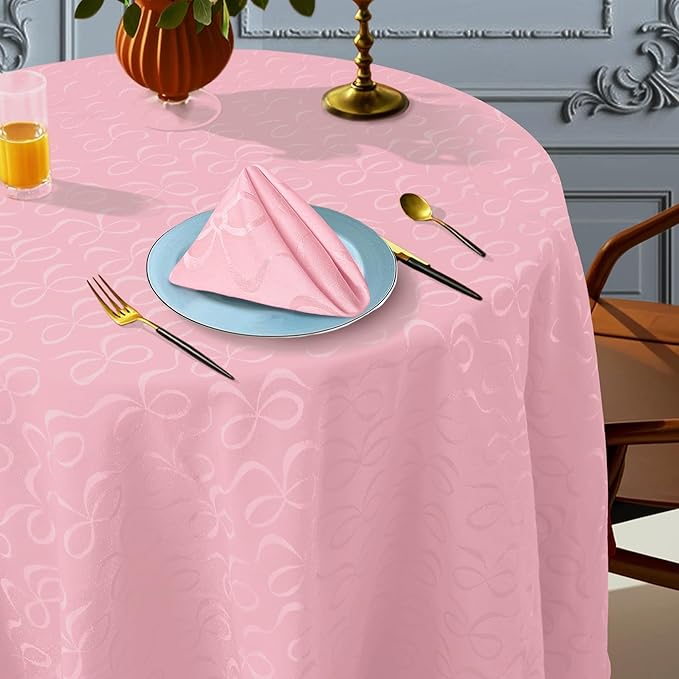 Pink Round Tablecloth, 1PC Circle Table Cover 70" (Seat 4-6) - Cotton Polyester, Wrinkle/Fade Resistant, Washable & Reusable - Luxury Jacquard Table Cloth for Birthday Parties & Weddings, Bows Design