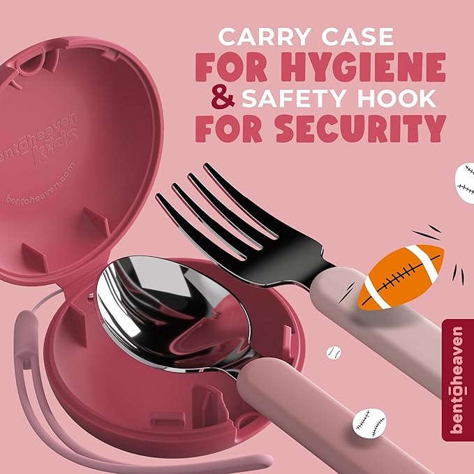 Bentoheaven Kids Travel Utensils with Case, Food-Grade Stainless Steel & BPA-Free Plastic, Travel Kid Cutlery Set, Dishwasher Safe Fork, Spoon & Case, Reusable Flatware, Silverware for Kids (Cats)