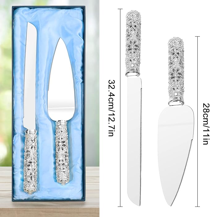 Wedding Cake Knife and Server Set - 2 Piece Dessert Set Metal Handle with Crystal Stones Decoration for Wedding, Anniversary Party Birthday Banquets and Gifts for Bride and Groom