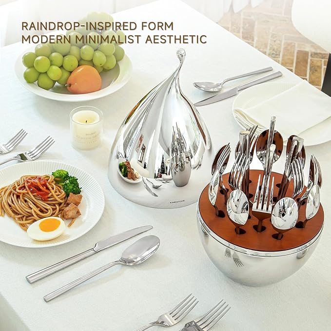 KINGSTONE Silverware Set with Waterdrop Storage Organizer, 20-Piece Forged Flatware Cutlery Set in Gift Box, Premium Stainless Stee Service for 4, Mirror Polished, Ideal for Kitchen, Wedding, Gift