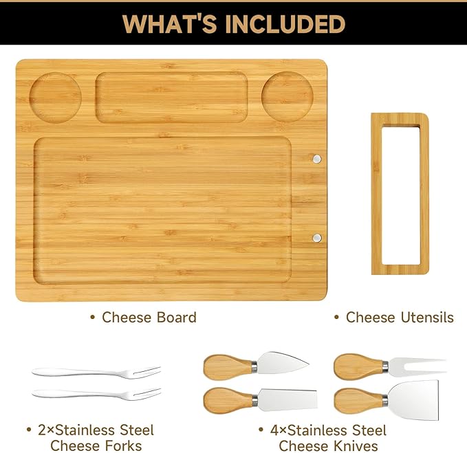 Bamboo charcuterie boards Gift Set - Serving Meat Cheese Board, Charcuterie Board Set with 4 Stainless Steel Cheese Knife, Ideal for House Warming Gifts New Home, Christmas, Bridal Shower Gift