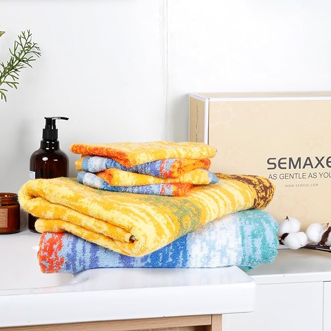 SEMAXE Colorful Bath Towel Set, 100% Cotton Bathroom Towels with Hanging Loops, Luxury 8 Piece Towel Set Include 2 Bath Towels, 2 Hand Towels, 4 Washcloths