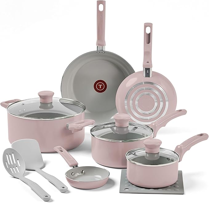 T-Fal Refresh Ceramic Nonstick Cookware Set, 12-Piece Ceramic Pots and Pans Set, Oven Safe to 350°F, Includes Stockpot, Griddle, Frying Pans, & Utensils, Dusty Rose