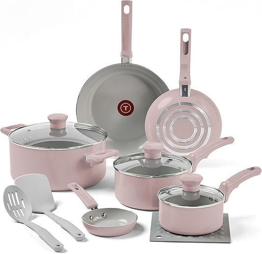 T-Fal Refresh Ceramic Nonstick Cookware Set, 12-Piece Ceramic Pots and Pans Set, Oven Safe to 350°F, Includes Stockpot, Griddle, Frying Pans, & Utensils, Dusty Rose