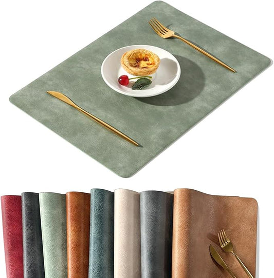 UnivoColors Washed Cowhide Pattern PU Leather Placemats Set of 4 Heat Resistant Kitchen Table Mats, Waterproof Wipeable for Party Decoration(Green)