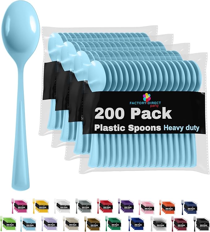Party Solids Disposable Light Blue Plastic Spoons 200 Pcs - Heavy Duty, Modern, Elegant Plastic Disposable Cutlery