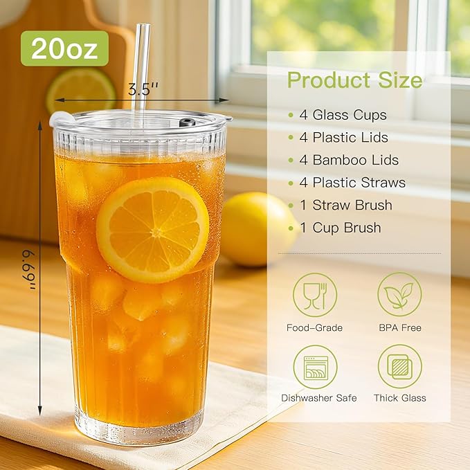 Ruckae 20oz Reusable Ribbed Glass Tumbler Set – 2 Pack Leakproof Glass Cups with Bamboo Lids,Thickened Glass– Aesthetic Iced Coffee Glasses for Home, Office, Travel, and Gifts (4, Transparent)