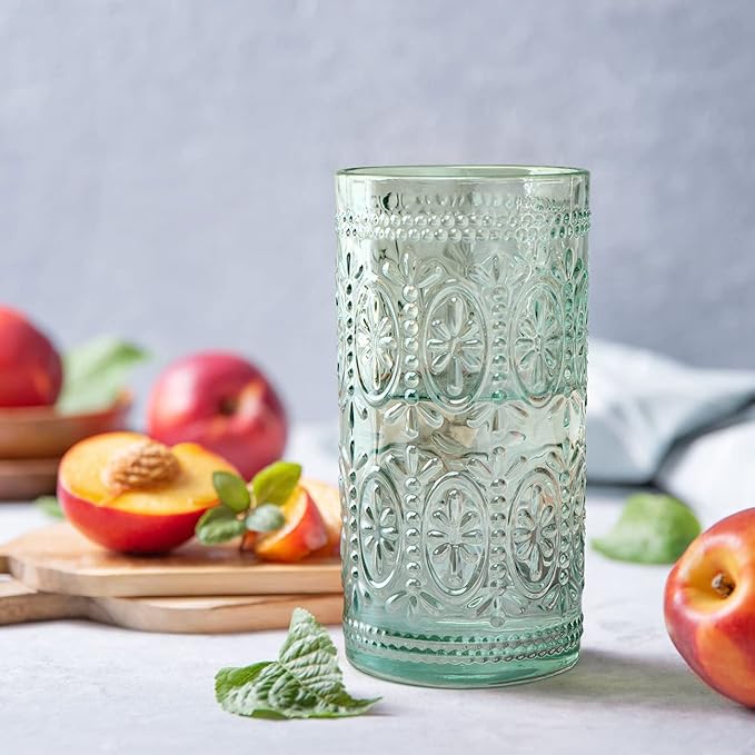 Green Drinking Glasses Set of 4, Vintage Drinking Glasses, Colored Glassware Drinking, Highball Beverage Glasses Cup, Vintage Glassware Set for Water, Juice, Cocktail, Coffee