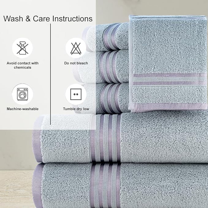 CASA COPENHAGEN Zero Twist, 6 Pieces Set 100% Cotton 0" Twist Towel Set- Grey Violet, 600 GSM, 2 Bath, 2 Hand, 2 Washcloths Made from Egyptian Cotton, Ultra Soft Luxury Towels for Bathroom