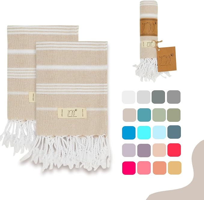 Hand Towels - Set of 2, 18" x 30" inches, Decorative Peshtemal Cotton Hand Towels for Kitchen, Bath, Guest, Face, Hair, Gym, Yoga, Dishcloth, Travel (Beige)