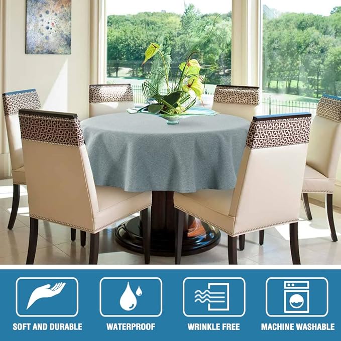 H.VERSAILTEX Linen Textured Tablecloth Round 60 inch Waterproof Decorative Table Cloth Spill-Proof Linen Look Cover for Party Table Extra Soft and Thick Fabric Wrinkle Free, Heather Aqua Gray