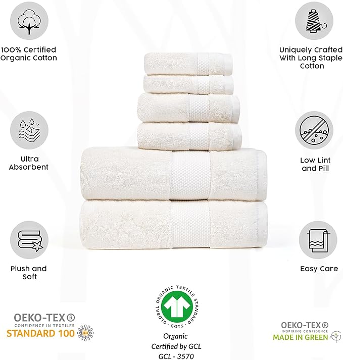Farm to Home 100% Organic Christmas Bath Towel Set of 6 – GOTS & Oeko-TEX Certified Organic Cotton, Soft, Ultra Absorbent, Quick Dry - Includes 2 Bath Towels, 2 Hand Towels, 2 Washcloths - Pearl
