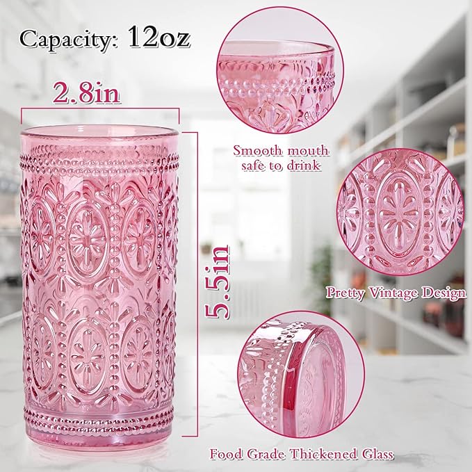 6 Pack Pink Glassware Drinking, 12oz Highball Embossed Beverage Glass Cup, Vintage Drinking Glasses, Colored Water Glasses for Party Wedding Home Office and Gift