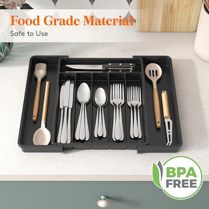Lifewit Silverware Drawer Organizer, Expandable Utensil Tray for Kitchen, BPA Free Flatware and Cutlery Holder, Adjustable Plastic Storage for Spoons Forks Knives, 10.9"-17.5" x 13.7", Black