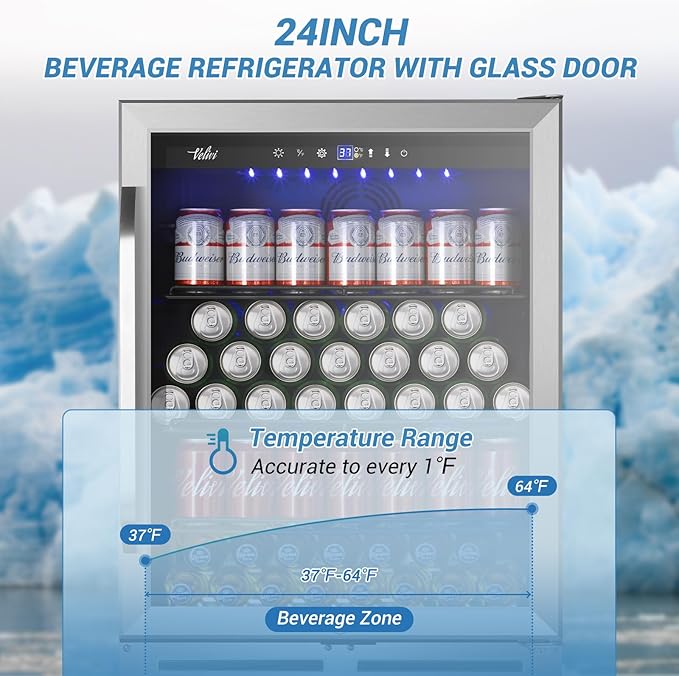 24 Inch Beverage Refrigerator, 210 Cans Under Counter Beverage Cooler, 24" Space Built-In Beer and Drink Fridge with Glass Door for Soda, Water, and Milk - For Kitchen, Bar or Office