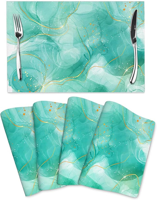Teal Gold Marble Placemats Set of 4, Linen 12"x18" Green Turquoise Place Table Mat Washable Heat Resistant for Kitchen Dining Holiday Party Modern Home Decor