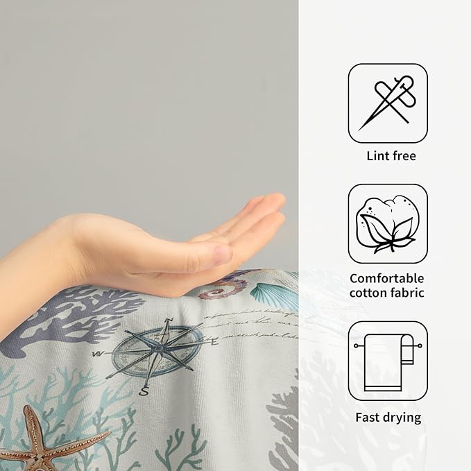 Imiss Nautical Blue Coral Hand Towels Set of 2 Vintage Seashell Starfish Compass Decorative Bath Towels Soft Small Fingertip Face Towel for Home Bathroom Hotel