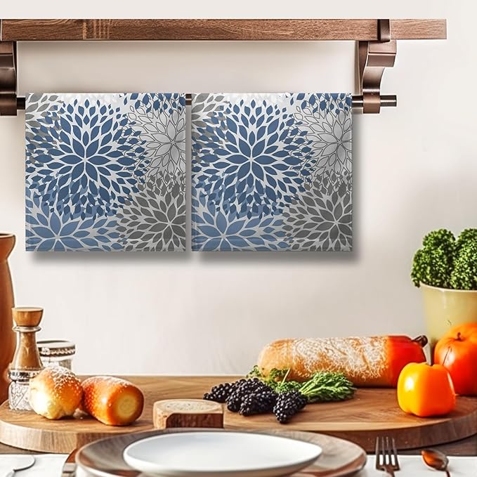 2 Pack Dahlia Flower Hand Towels for Bathroom Blue and Gray Floral Kitchen Dish Towels Soft Absorbent Decorative Tea Towel for Summer Bath Kitchen Gym Spa 14.4 x 28.3 Inch