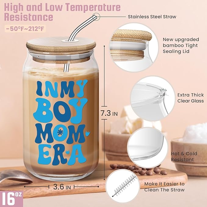 Christmas Boy Mom Gifts - Mothers Day Birthday Gifts for Boy Mama, Pregnant New Mom, Expecting Mother, Moms To Be, First Time Mommy - 16 Oz Coffee Glass Cups