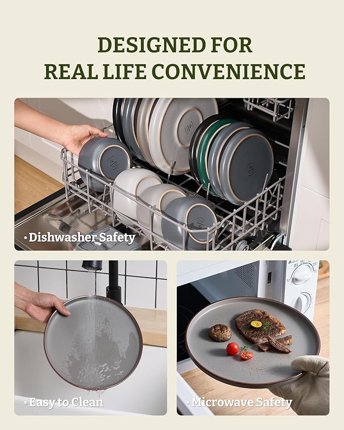 Famiware Mercury Plates and Bowls Sets, 12 Pieces Stoneware Dinnerware Sets, Dishes Set for 4, Microwave and Dishwasher Safe, Dark Grey