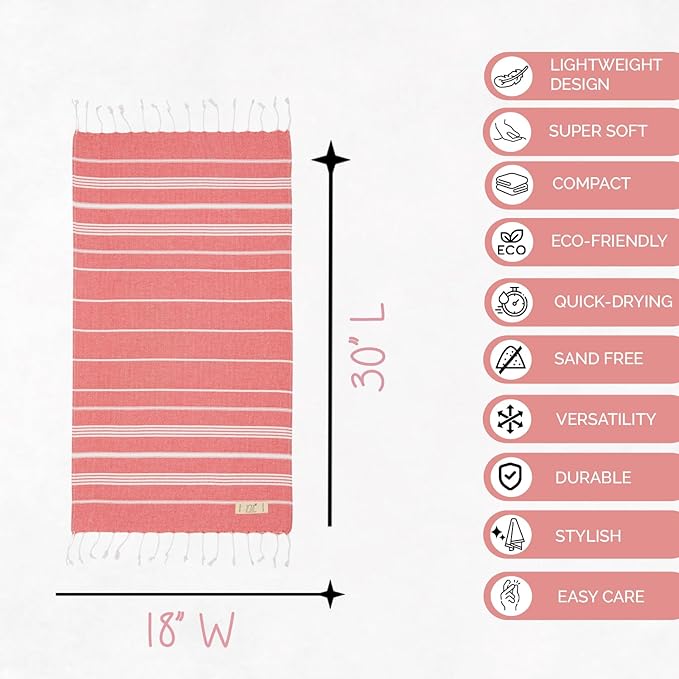 Hand Towels - Set of 2, 18" x 30" inches, Decorative Peshtemal Cotton Hand Towels for Kitchen, Bath, Guest, Face, Hair, Gym, Yoga, Dishcloth, Travel (Coral)