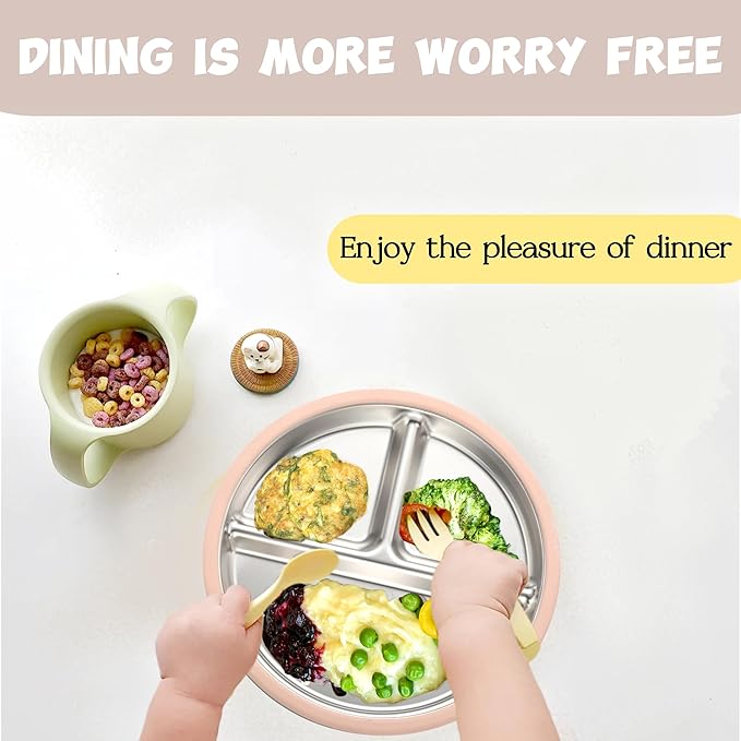 3Pack Stainless Steel Kids Plates, 8.1" Divided Kids Plate with Removable Silicone Suction Sleeves for Baby Highchairs, Non Toxic BPA Free Non-Slip Unbreakable Snack Lunch Plates