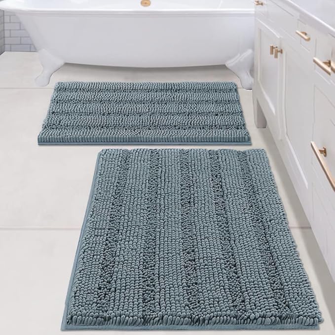 H.VERSAILTEX 2 Piece Bathroom Set - Super Absorbent Chenille Striped Bath Mats - Non Skid, Machine Washable - Stone Blue, 24 x 36 Plus 20 x 32 Inches