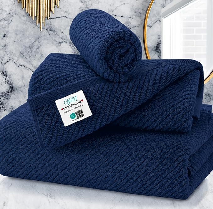 Blue Towels Set for Bathroom, Luxury 3 Piece Gift set, 100% Cotton | Quick Dry | Soft | Thick, 1 Large Bath 30" x 56", 1 Hand 18" x 28", 1 Wash Cloth 13" x 13", Bathroom Essentials, Navy