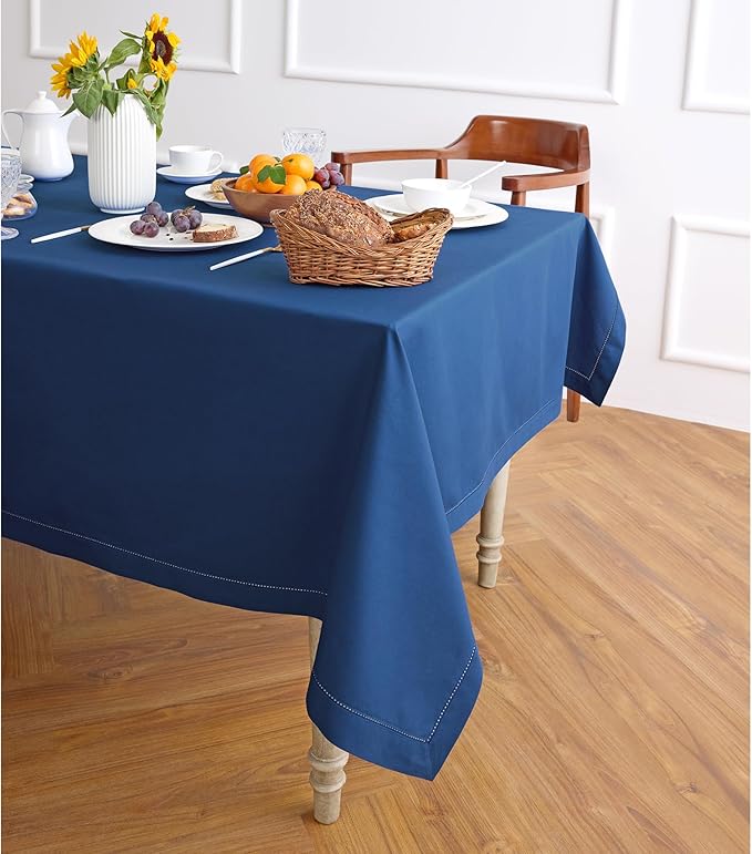 Solino Home Lapis Blue Cotton Linen Tablecloth 58 x 84 Inch - Hemstitch Table Cloth for Rectangle Tables - Machine Washable Tablecloth for Winter